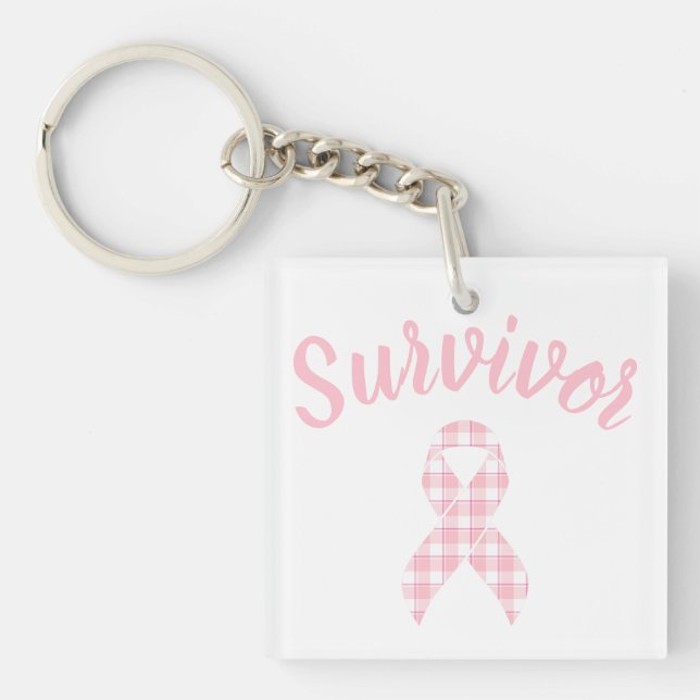 Breast Cancer Awareness Plaid Pink Ribbon Survivor Keychain (Front)