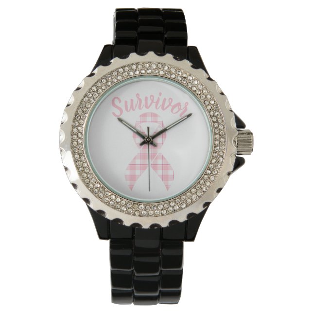 Breast Cancer Awareness Plaid Pink Ribbon Survivor Watch (Front)