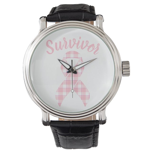 Breast Cancer Awareness Plaid Pink Ribbon Survivor Watch (Front)