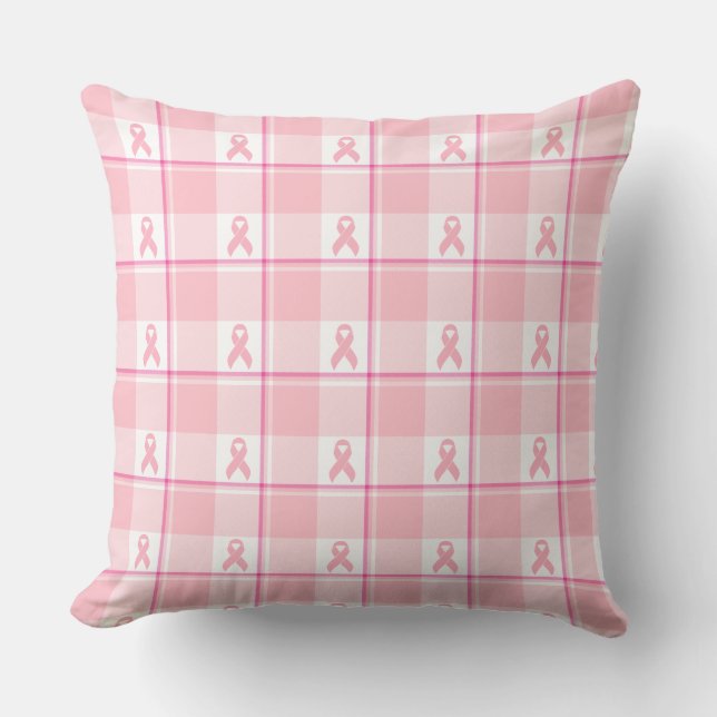 Breast Cancer Awareness Plaid Pink Ribbon Throw Pillow (Front)