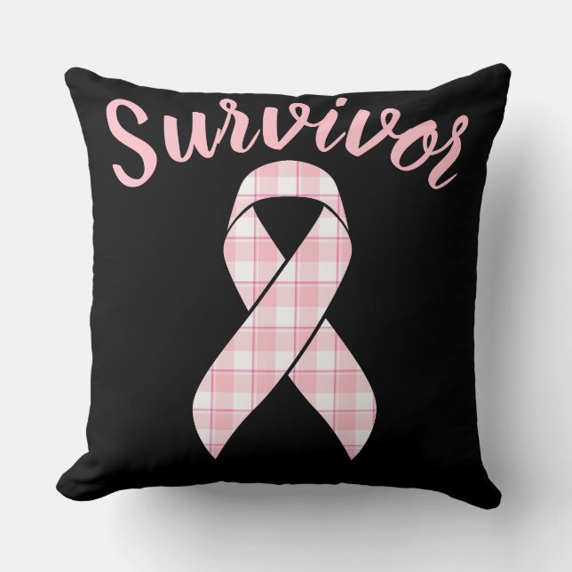 Breast Cancer Awareness Plaid Pink Ribbon Throw Pillow (Front)