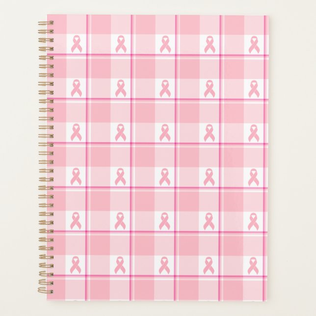 Breast Cancer Awareness Plaid Planner, Pink Ribbon Planner (Front)
