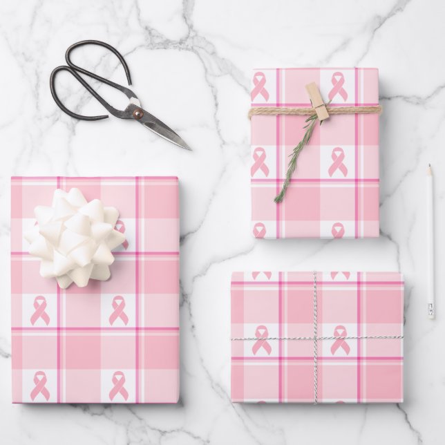 Breast Cancer Awareness Plaid Wrapping Paper, Pink Wrapping Paper Sheets (Front)