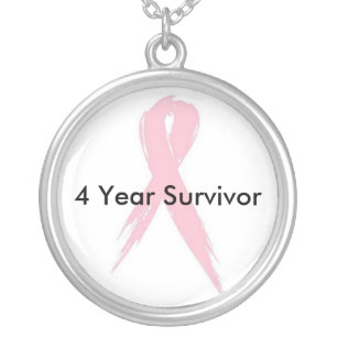 Breast Cancer Awareness Ribbon 4 Year Survivor Silver Plated Necklace