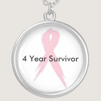 Breast Cancer Awareness Ribbon 4 Year Survivor Silver Plated Necklace
