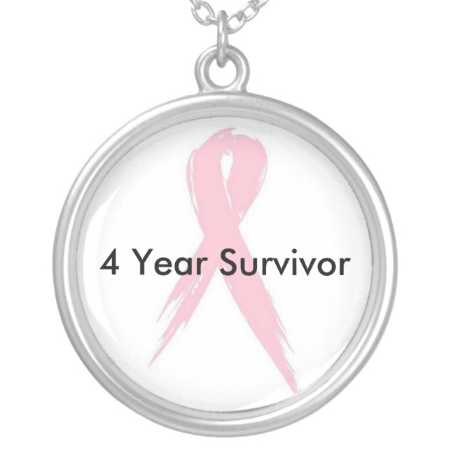 Breast Cancer Awareness Ribbon 4 Year Survivor Silver Plated Necklace (Front)
