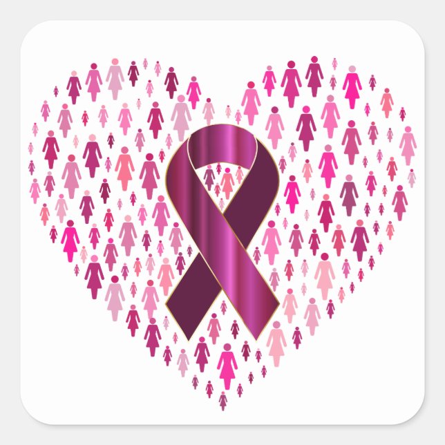 Breast Cancer Awareness Ribbon and Heart Square Sticker (Front)