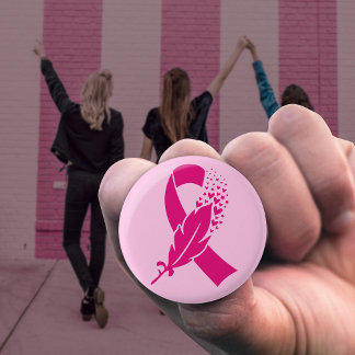 Breast Cancer Awareness Ribbon Feather Button