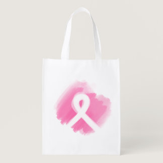 Breast Cancer Awareness Ribbon Watercolor Grocery Bag
