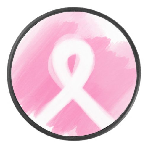 Breast Cancer Awareness Ribbon Watercolor Hockey Puck