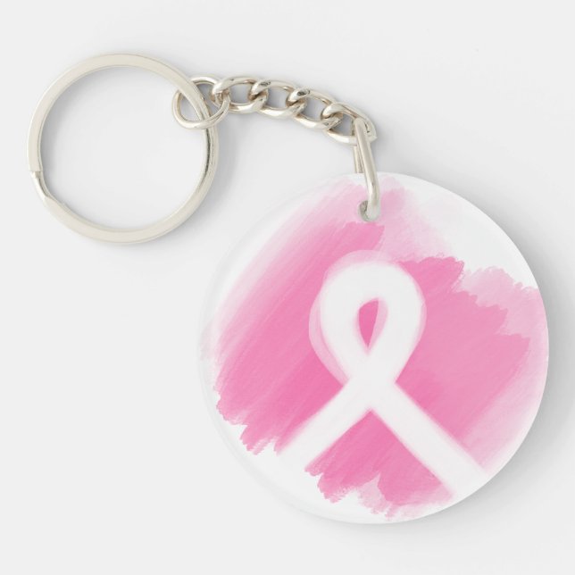Breast Cancer Awareness Ribbon Watercolor Keychain (Front)