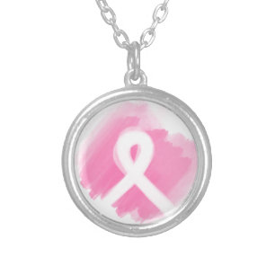 Breast Cancer Awareness Ribbon Watercolor Silver Plated Necklace
