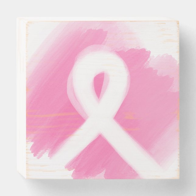 Breast Cancer Awareness Ribbon Watercolor Wooden Box Sign (Front Horizontal)