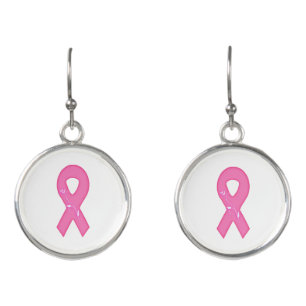 Breast Cancer Awareness Ribbon With Flower Earrings