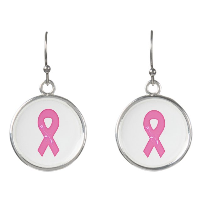 Breast Cancer Awareness Ribbon With Flower Earrings (Front)