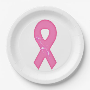 Breast Cancer Awareness Ribbon With Flower Paper Plates