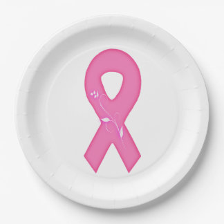 Breast Cancer Awareness Ribbon With Flower Paper Plates