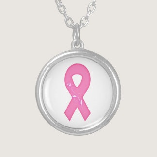 Breast Cancer Awareness Ribbon With Flower Silver Plated Necklace