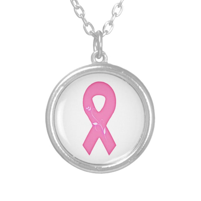 Breast Cancer Awareness Ribbon With Flower Silver Plated Necklace (Front)