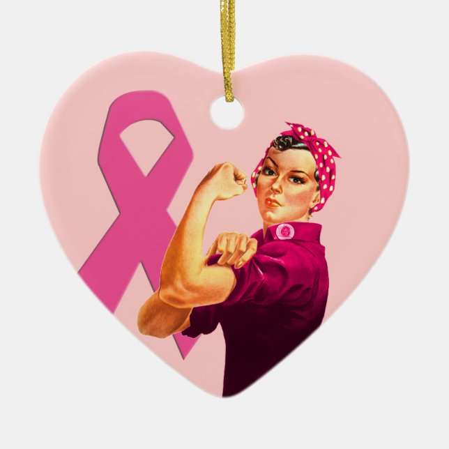 Breast Cancer Awareness Rosie the Riveter Ceramic Ornament (Front)