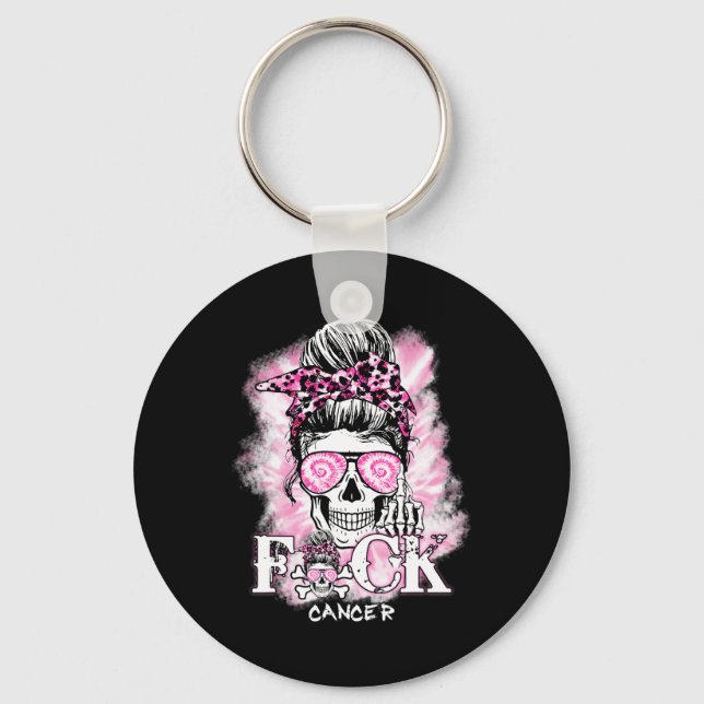 Breast Cancer Awareness Skull F Ck Cancer Pink Rib Keychain (Front)