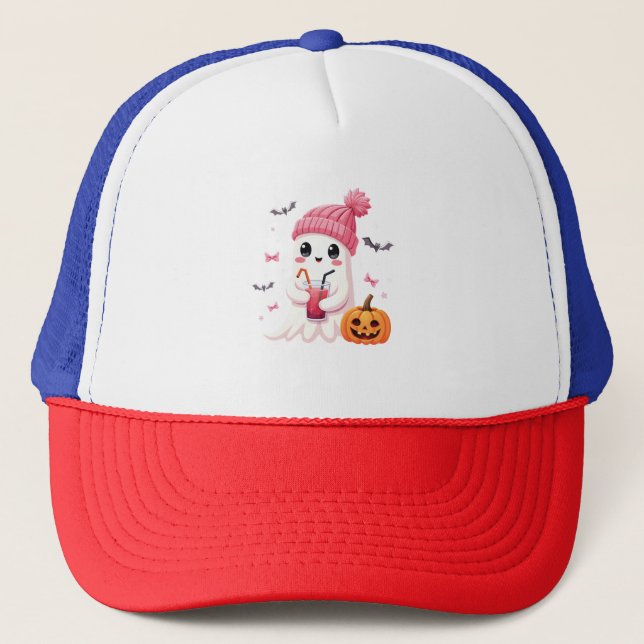 Breast Cancer Awareness Spooky Ghost Halloween Trucker Hat (Front)