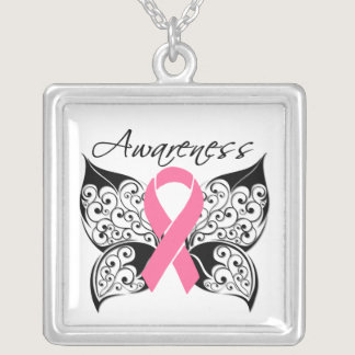 Breast Cancer Awareness Tattoo Butterfly Silver Plated Necklace