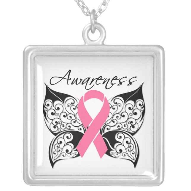 Breast Cancer Awareness Tattoo Butterfly Silver Plated Necklace (Front)