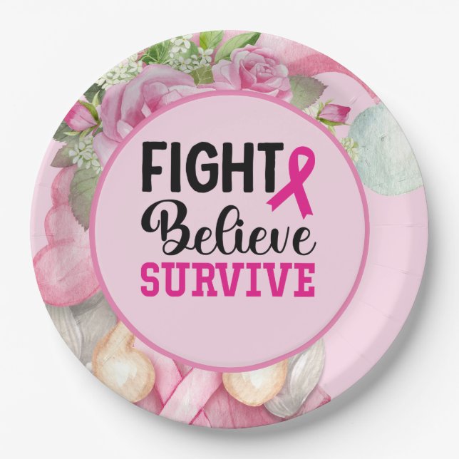 Breast Cancer Awareness with Pink Ribbon Paper Pla Plates (Front)