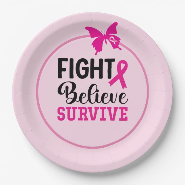 Breast Cancer Awareness with Pink Ribbon Paper Plates (Front)