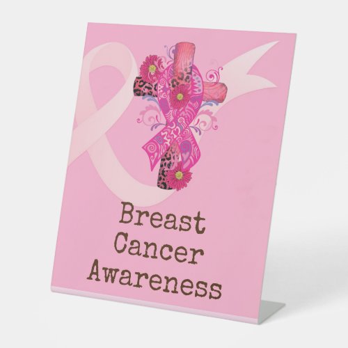 Breast Cancer Awareness with Pink Ribbon   Pedestal Sign