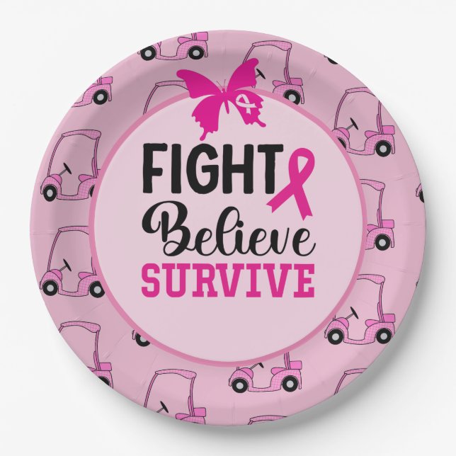 Breast Cancer Awareness with Pink woman golfer  Paper Plates (Front)