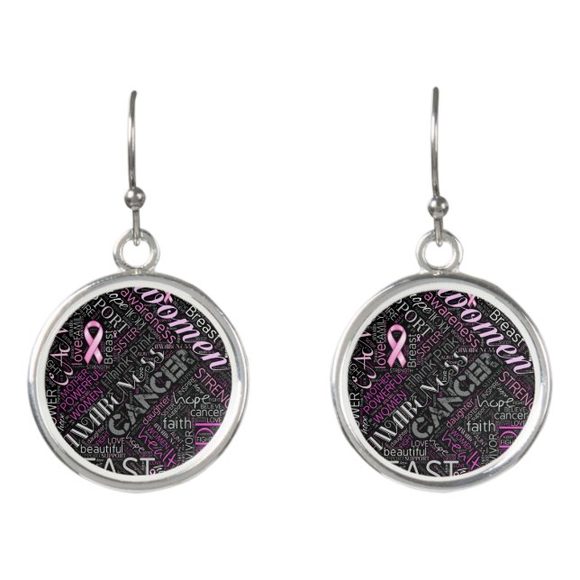 Breast Cancer Awareness Word Cloud ID261 Earrings (Front)