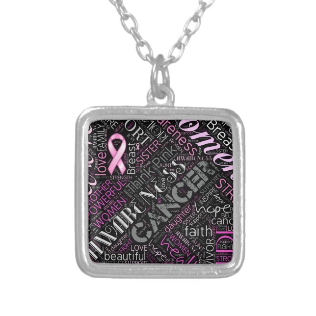 Breast Cancer Awareness Word Cloud ID261 Silver Plated Necklace (Front)