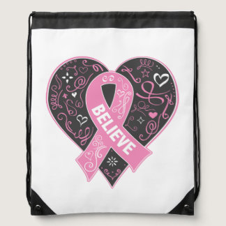 Breast Cancer Believe Ribbon Heart Drawstring Bag