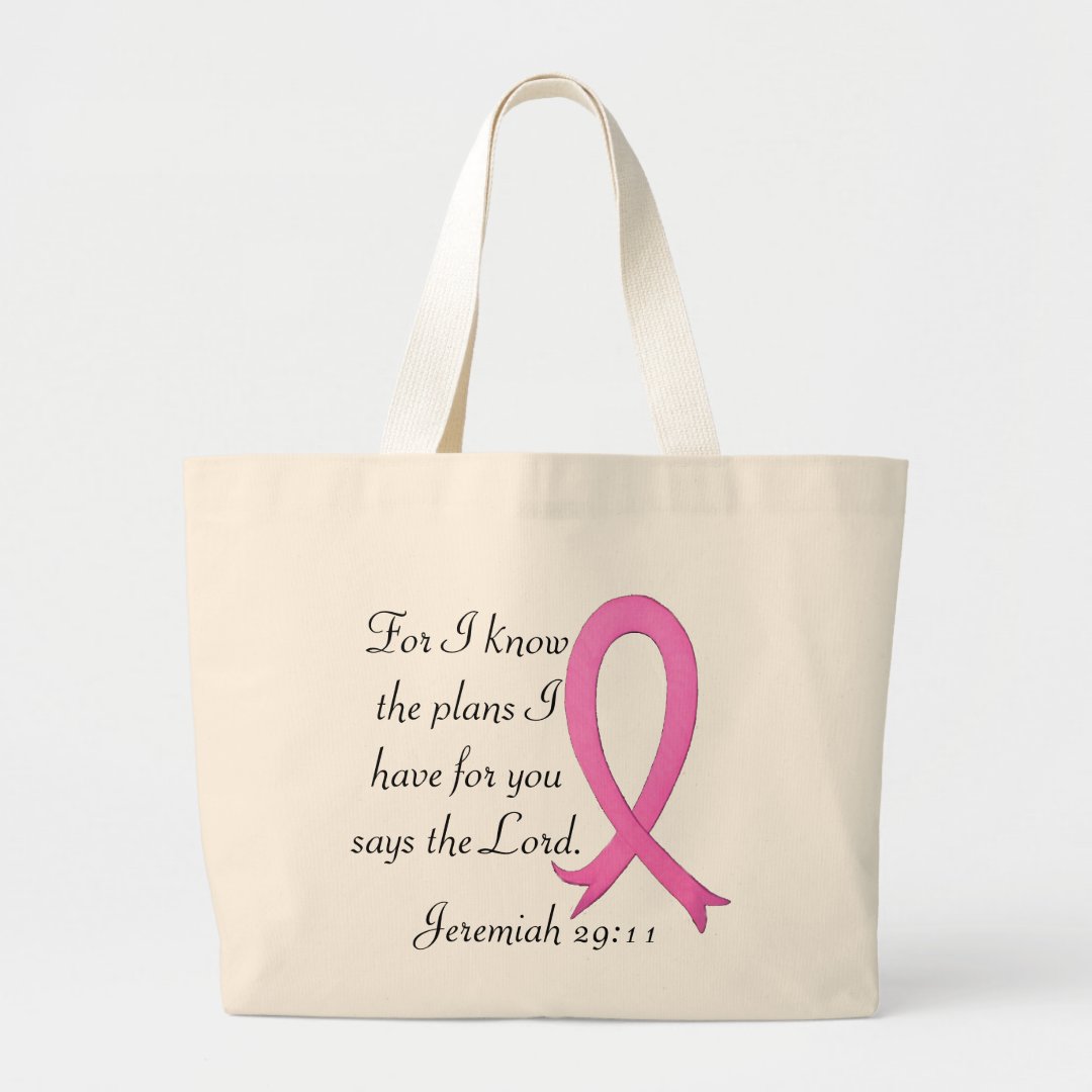 Breast Cancer bible verse pink ribbon tote bag | Zazzle