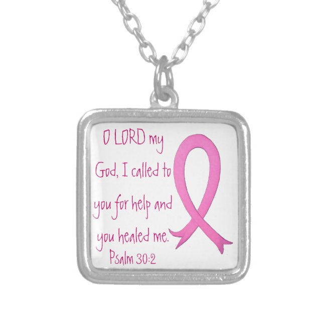 Breast Cancer bible verse Psalm 30:2 neck Silver Plated Necklace (Front)