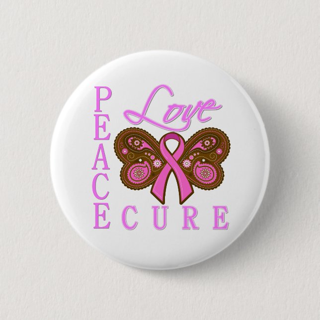 Breast Cancer Butterfly Peace Love Cure Button (Front)