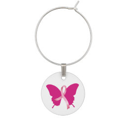Breast Cancer Butterfly Pink Ribbon Wine Charm
