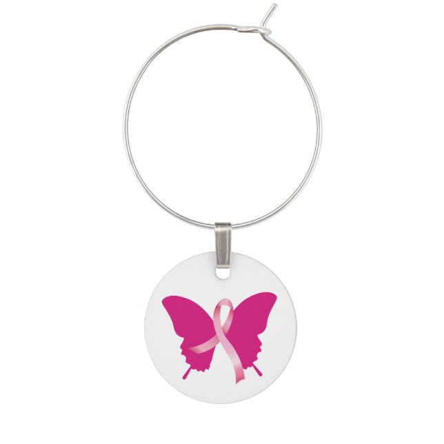 Breast Cancer Butterfly Pink Ribbon Wine Charm (Front)