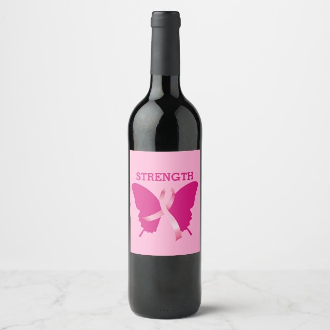 Breast Cancer Butterfly Pink Ribbon Wine Label (Front)