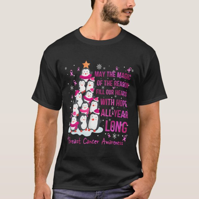 Breast Cancer Christmas Holiday Penguins T-Shirt (Front)
