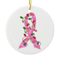 Breast Cancer Christmas Lights Ribbon Ceramic Ornament