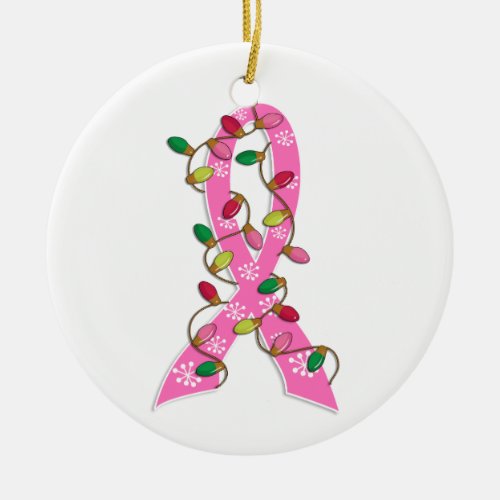 Breast Cancer Christmas Lights Ribbon Ceramic Ornament