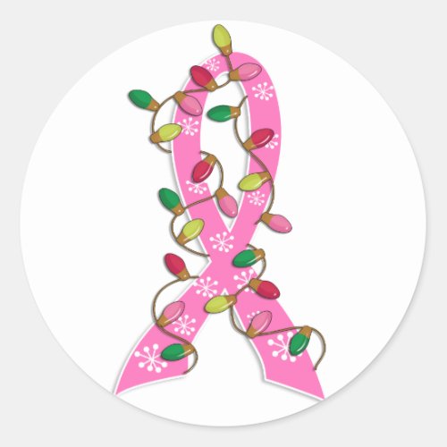 Breast Cancer Christmas Lights Ribbon Classic Round Sticker
