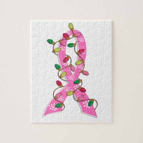 Breast Cancer Christmas Lights Ribbon Jigsaw Puzzle