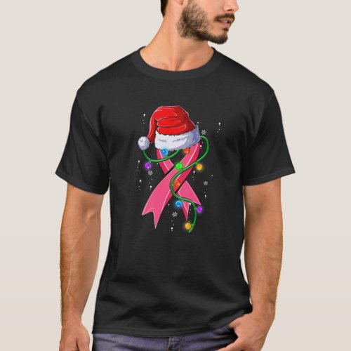 Breast Cancer Christmas Santa Hat Pink Ribbon Xmas T_Shirt
