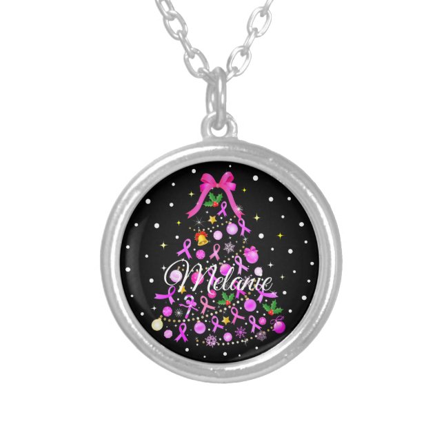 Breast Cancer Christmas Tree Silver Plated Necklace (Front)