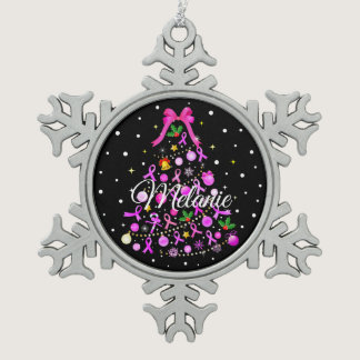 Breast Cancer Christmas Tree Snowflake Pewter Christmas Ornament