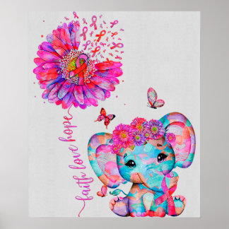 Breast Cancer Cute Elephant With Sunflower And Pin Poster
